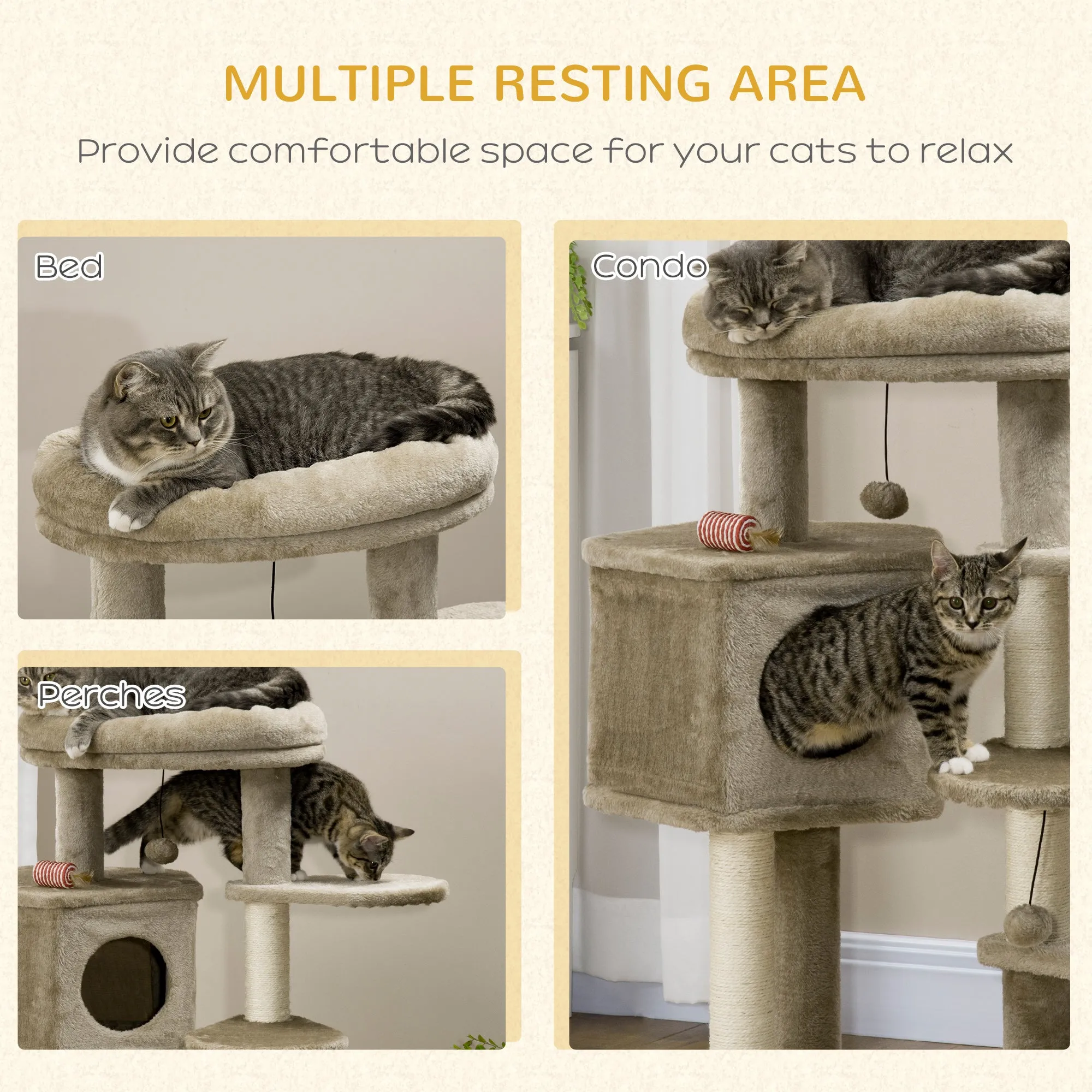 PawHut Cat Tree for Indoor Cats Tower w/ Ramp, Bed, Cat House, Toy Ball - Brown