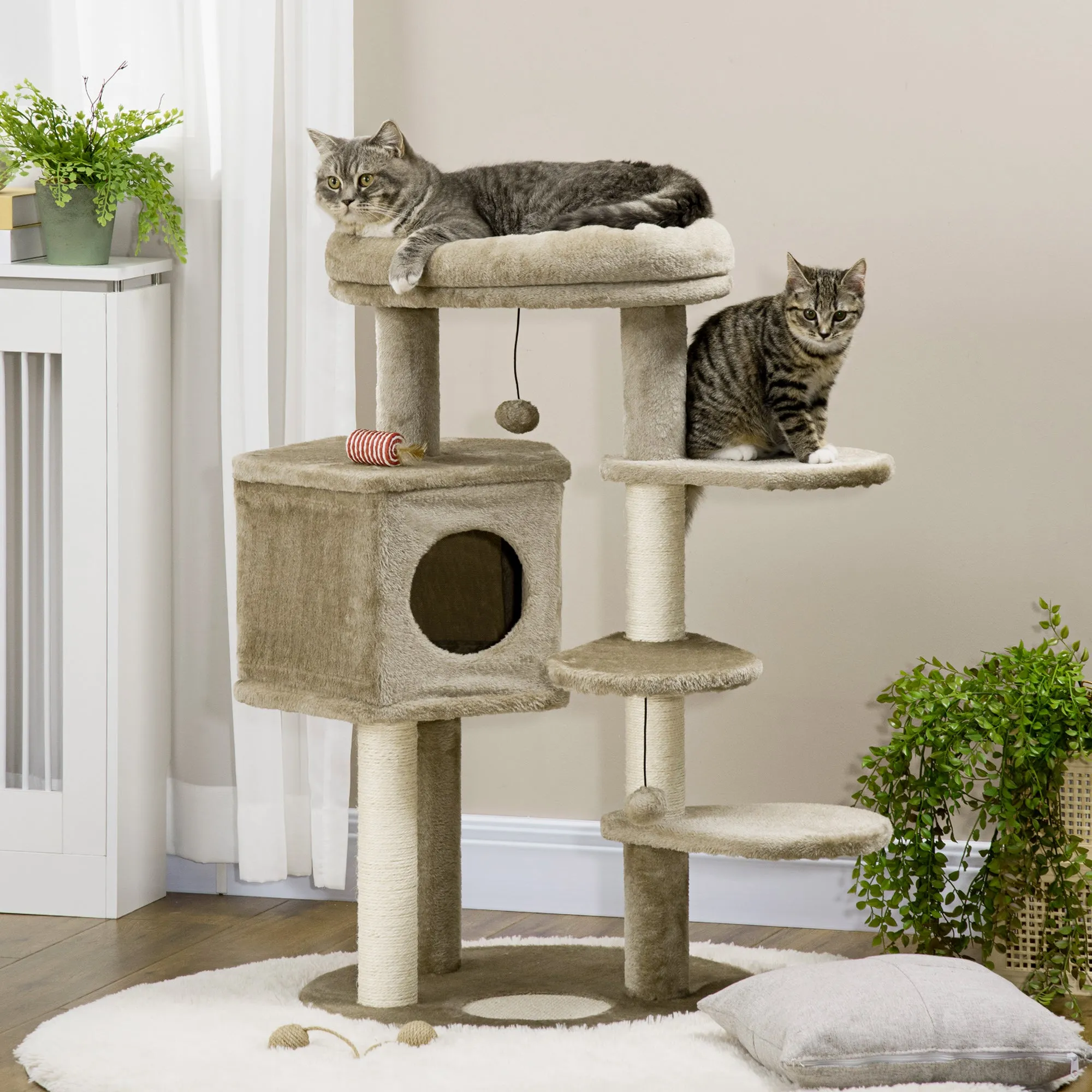 PawHut Cat Tree for Indoor Cats Tower w/ Ramp, Bed, Cat House, Toy Ball - Brown