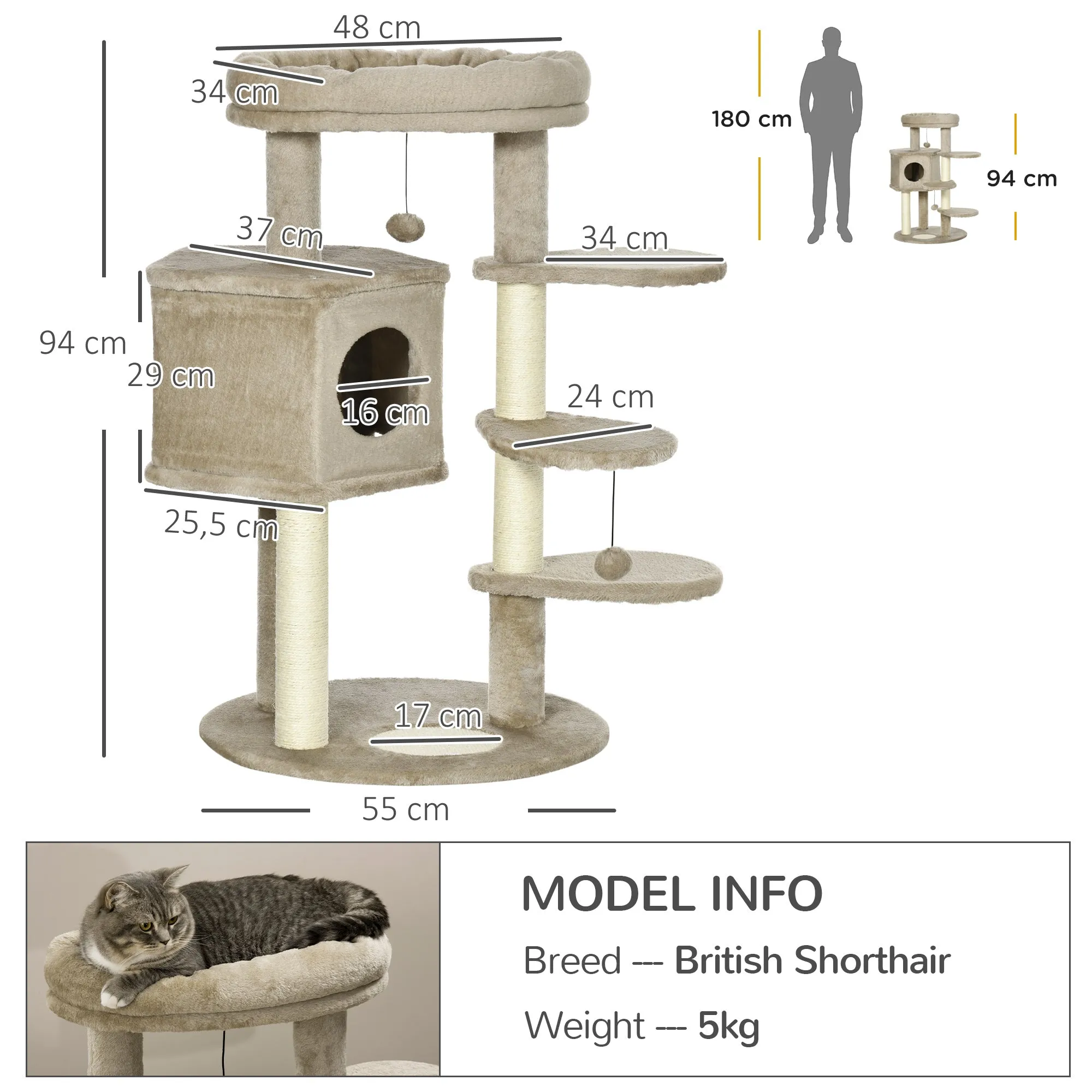 PawHut Cat Tree for Indoor Cats Tower w/ Ramp, Bed, Cat House, Toy Ball - Brown