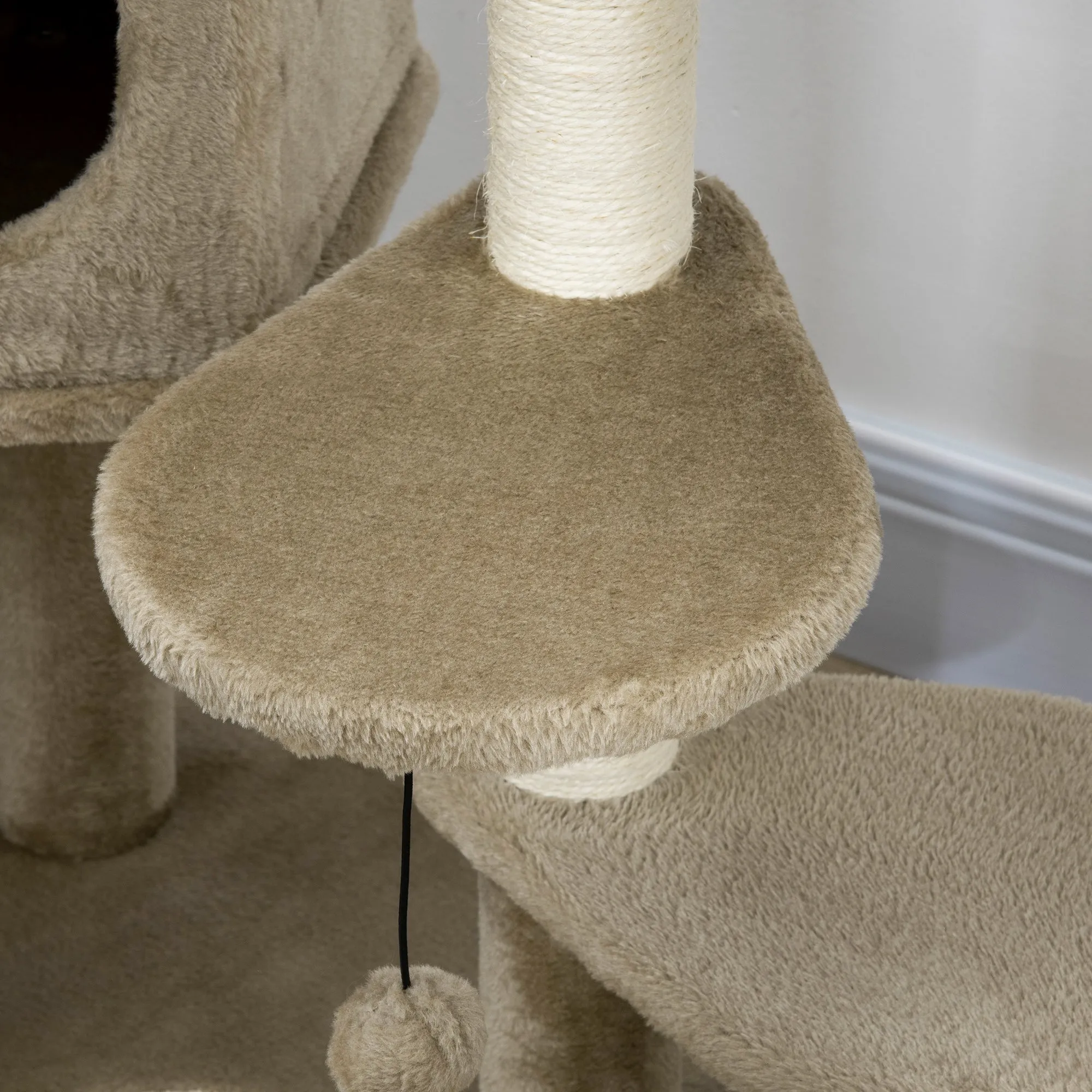 PawHut Cat Tree for Indoor Cats Tower w/ Ramp, Bed, Cat House, Toy Ball - Brown