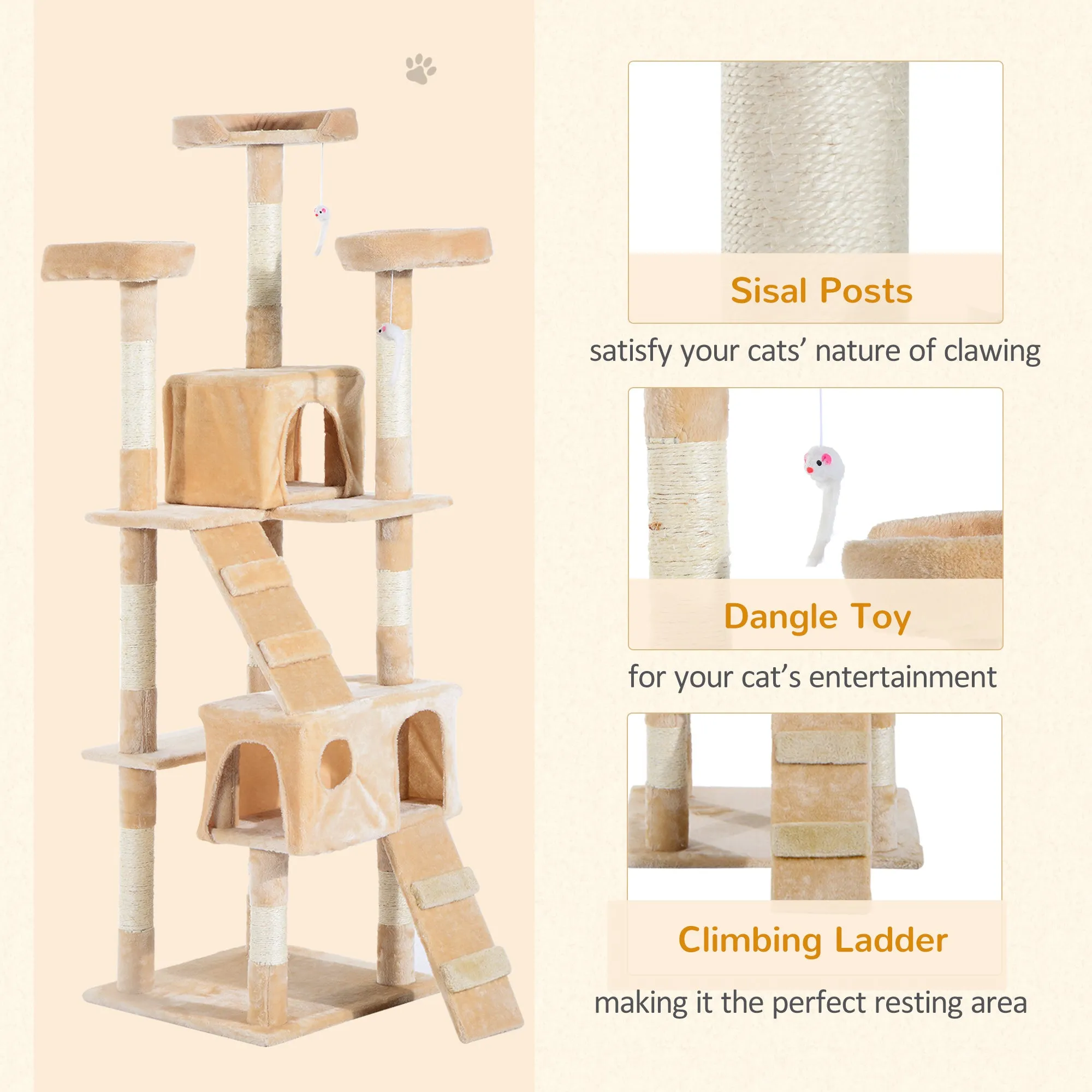 PawHut Cat Tree Scratcher Activity Centre, Condo Scratching Post Toy Bed