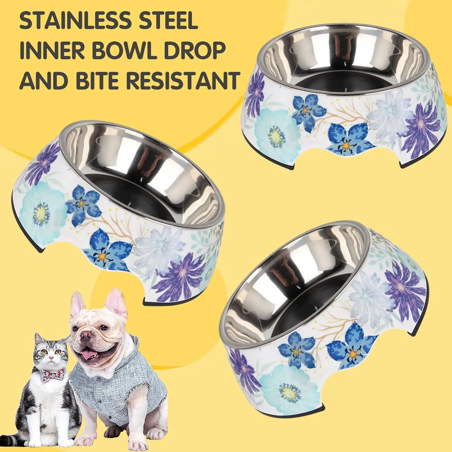 Pet Cats Dogs 2 in 1 Food Water Bowls - Non Slip Skid Proof Heavy Duty Pet Cats Dog Food Water Bowls for Feeding Drinking Small Medium Large Dogs Cats Puppies (Blue Flower, L:28 OZ)