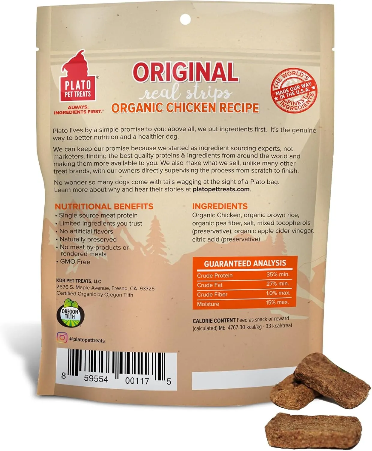 PLATO Original Real Strips Organic Chicken 6oz, brown