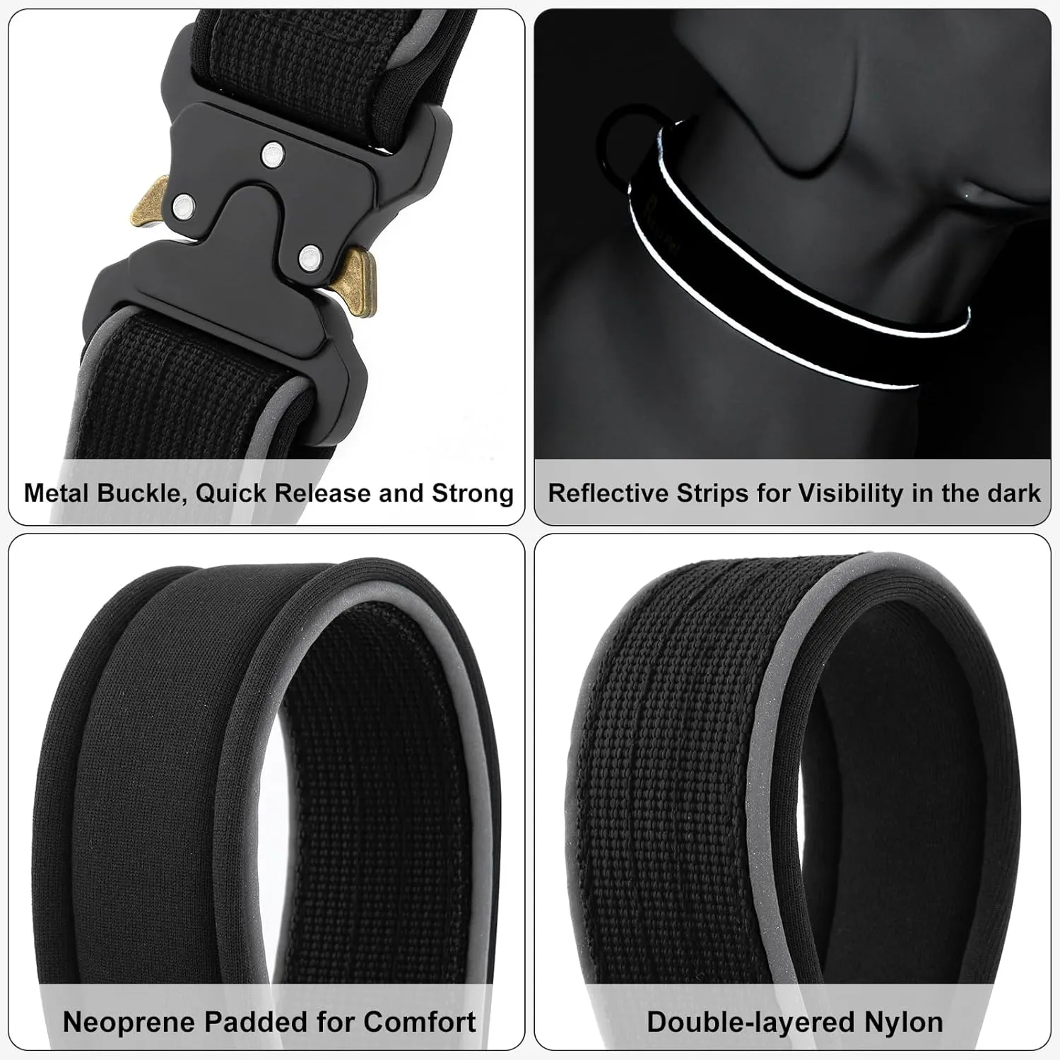 Plutus Pet Tactical Dog Collar, Reflective, Adjustable Heavy Duty Dog Collar, Soft Padded and Comfortable, for Small Medium and Large Dogs (Black, XL)