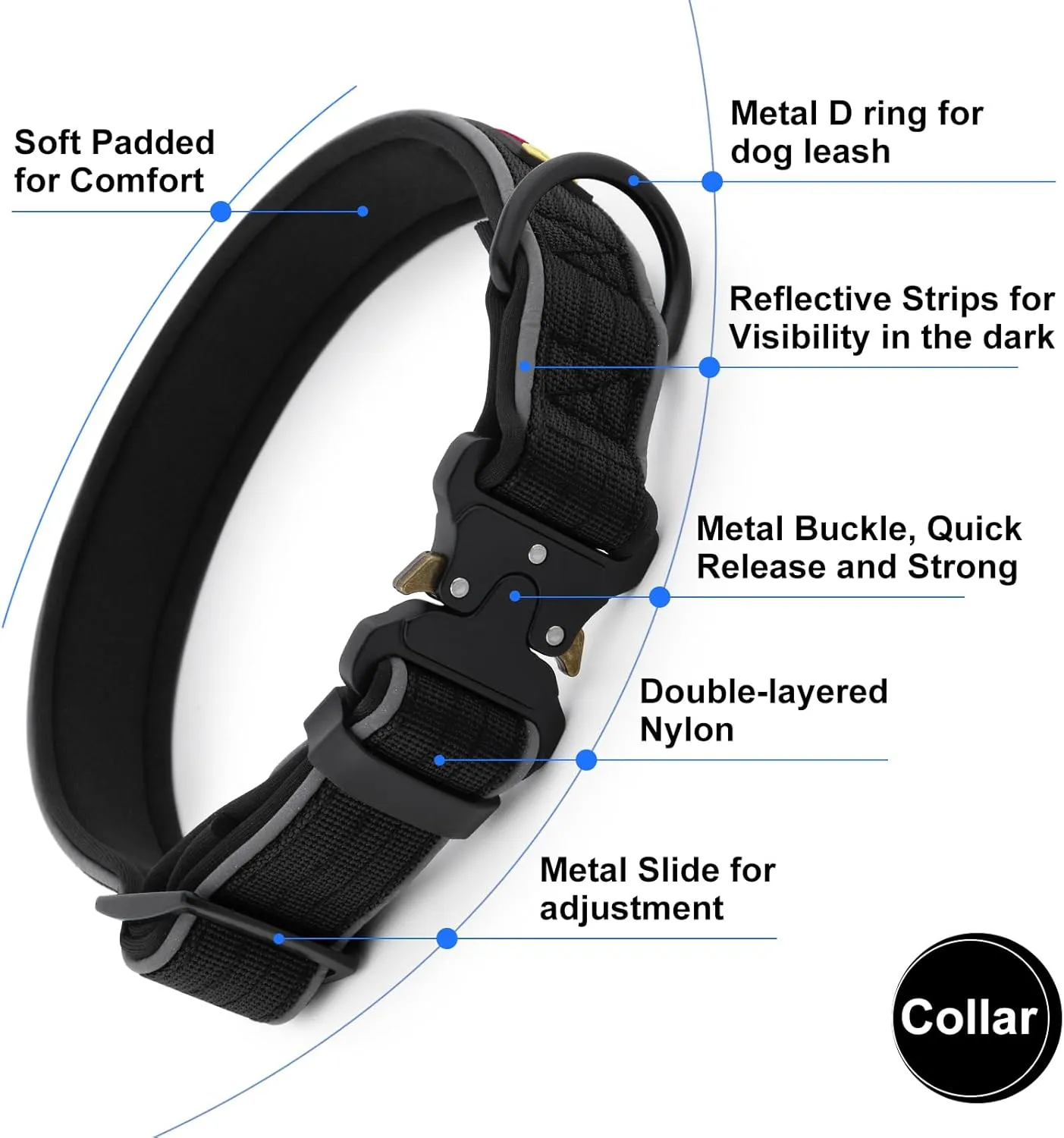 Plutus Pet Tactical Dog Collar, Reflective, Adjustable Heavy Duty Dog Collar, Soft Padded and Comfortable, for Small Medium and Large Dogs (Black, XL)