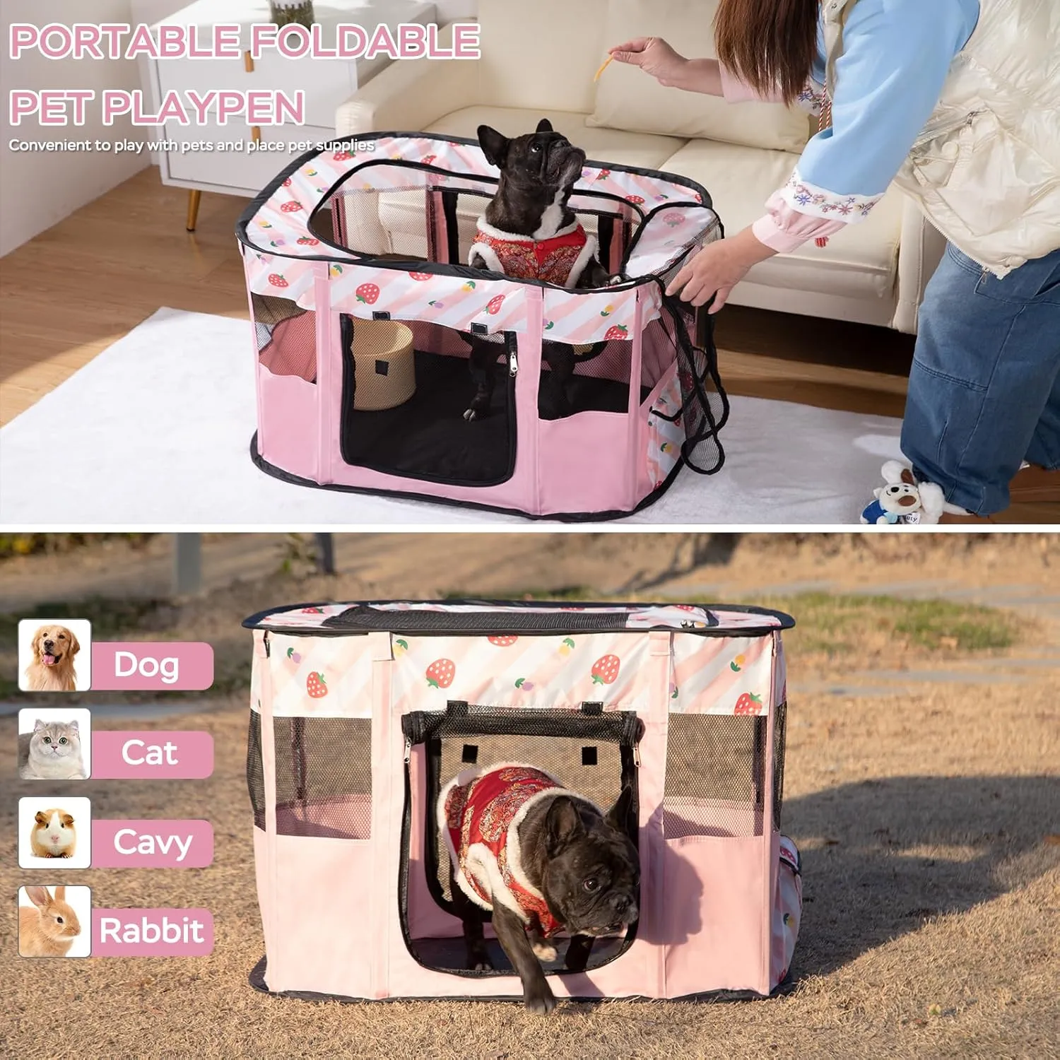 Portable Pet Cat Playpen,Cat Cages Indoor Collapsible Dog Crates Tent Kennel Playpen for Dogs Cat and Rabbit Travel Dog Playpen Indoor & Outdoor (Small27.6" L x 21.7" W x 17.7" H, Pink)