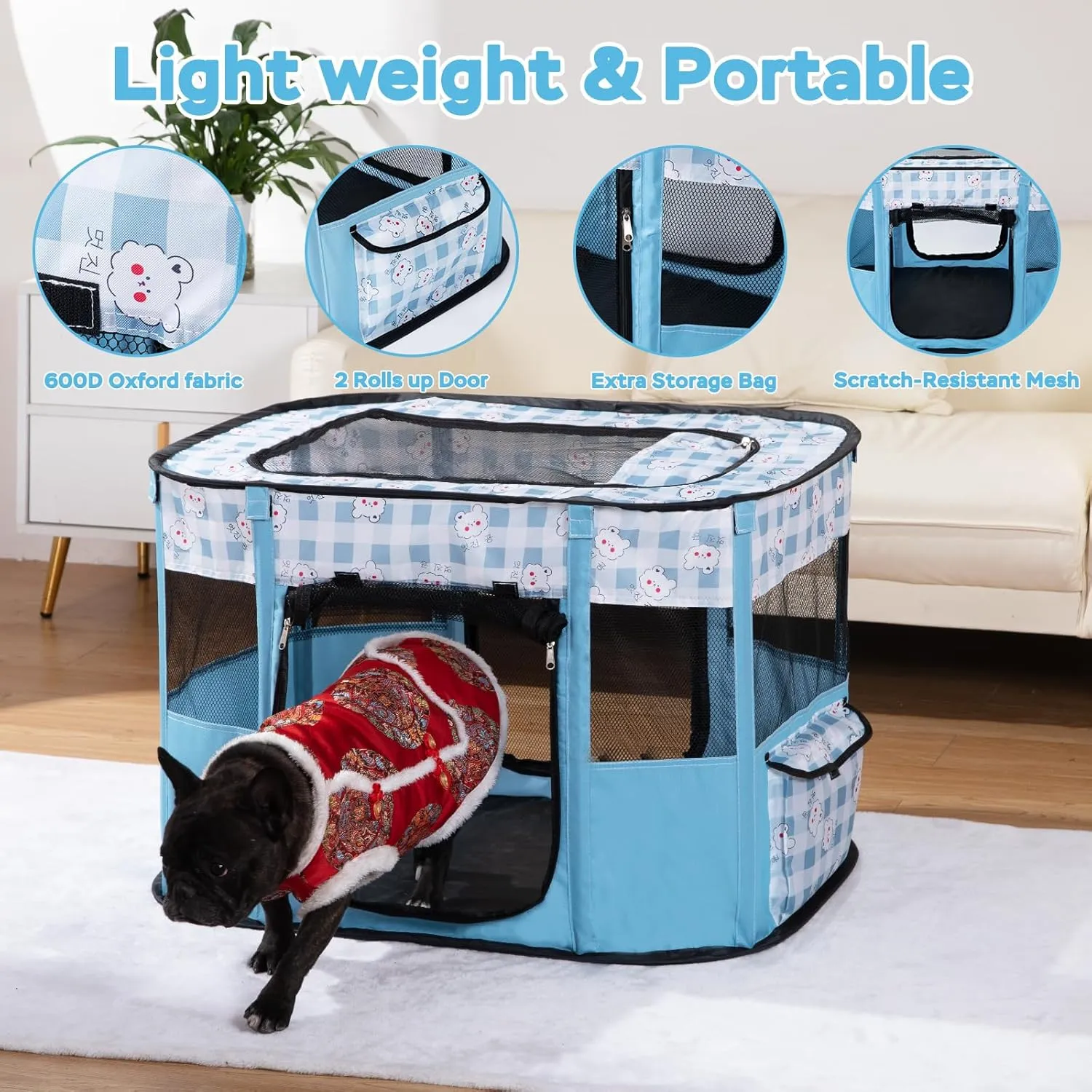 Portable Pet Playpen Cat Cages Indoor 27.6" L x 21.7" W x 17.7" Collapsible Dog Crates Made of 600D Oxford Material Tent Kennel Playpen for Dogs Cat and Rabbit Travel Dog Playpen Indoor(S, Blue)