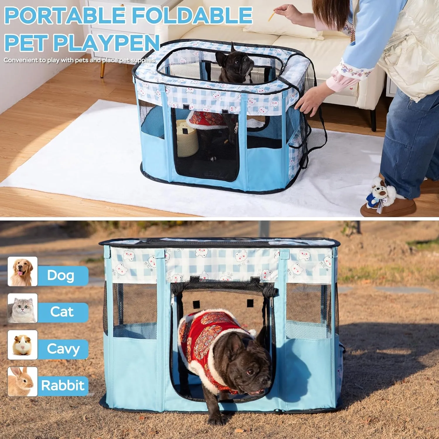 Portable Pet Playpen Cat Cages Indoor 27.6" L x 21.7" W x 17.7" Collapsible Dog Crates Made of 600D Oxford Material Tent Kennel Playpen for Dogs Cat and Rabbit Travel Dog Playpen Indoor(S, Blue)