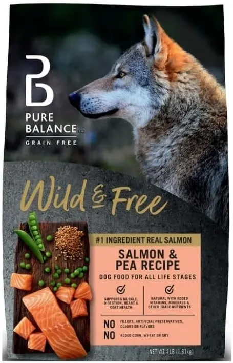 Pure Balance Wild & Free Salmon & Pea Recipe Dry Dog Food, Grain~Free, Real Salmon First Ingredient, No Fillers or Artificial Preservatives, Supports Muscle, Digestion, Heart, and Coat Health ~ 4 Lbs