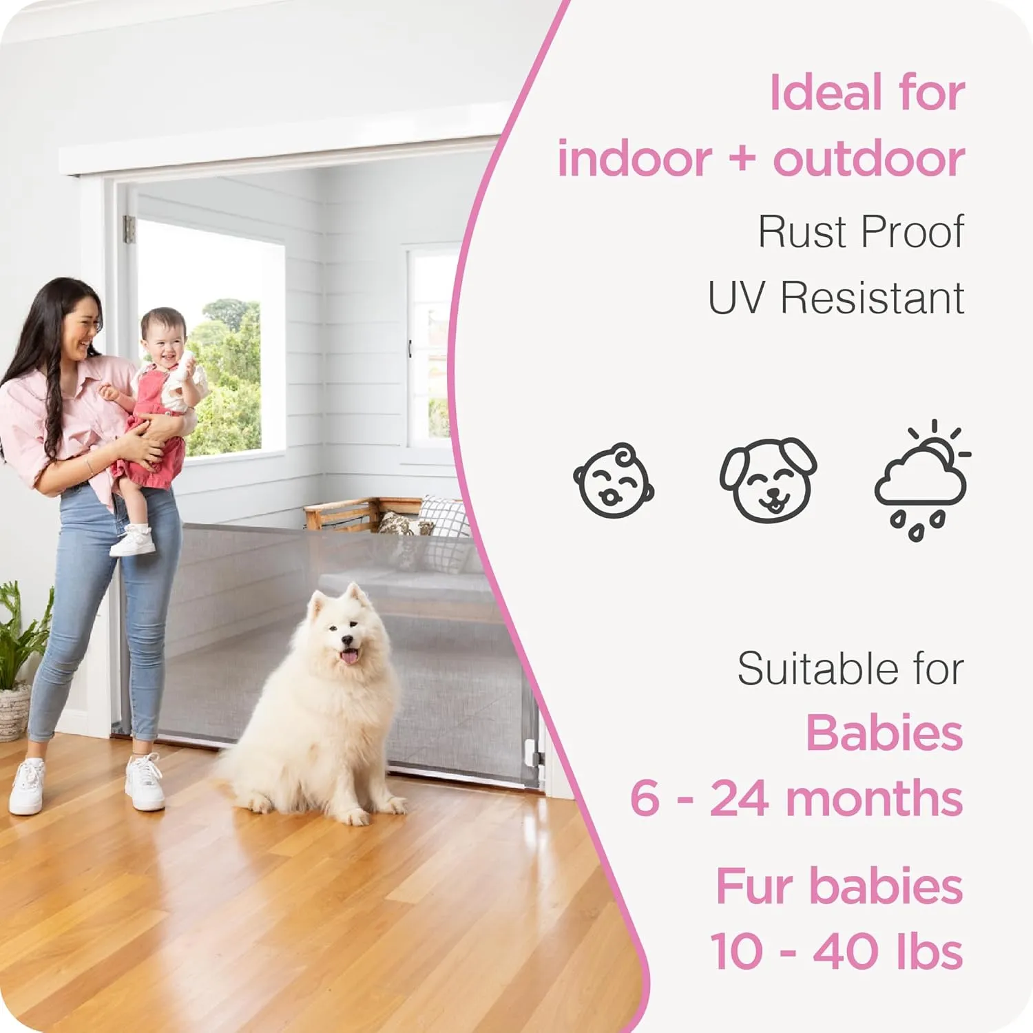 Retractable Baby Gate Perma Child Safety 33" Tall x 71 Wide, Mesh, for Stairs, Doorways, Dogs, Pets, Indoor, Outdoor, One-Handed Operation, Locking, Easy Install, Hardware Mount, Gray