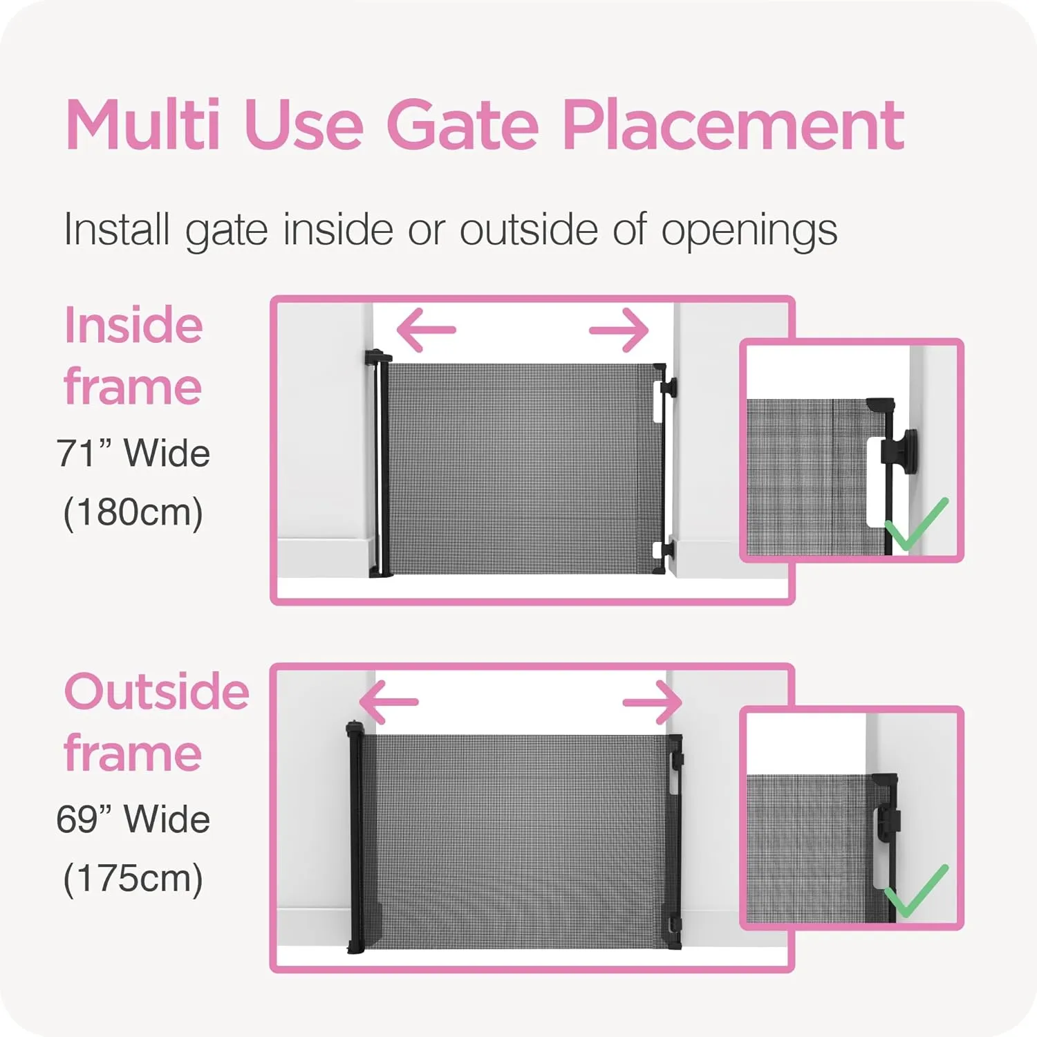 Retractable Baby Gate Perma Child Safety 33" Tall x 71 Wide, Mesh, for Stairs, Doorways, Dogs, Pets, Indoor, Outdoor, One-Handed Operation, Locking, Easy Install, Hardware Mount, Gray