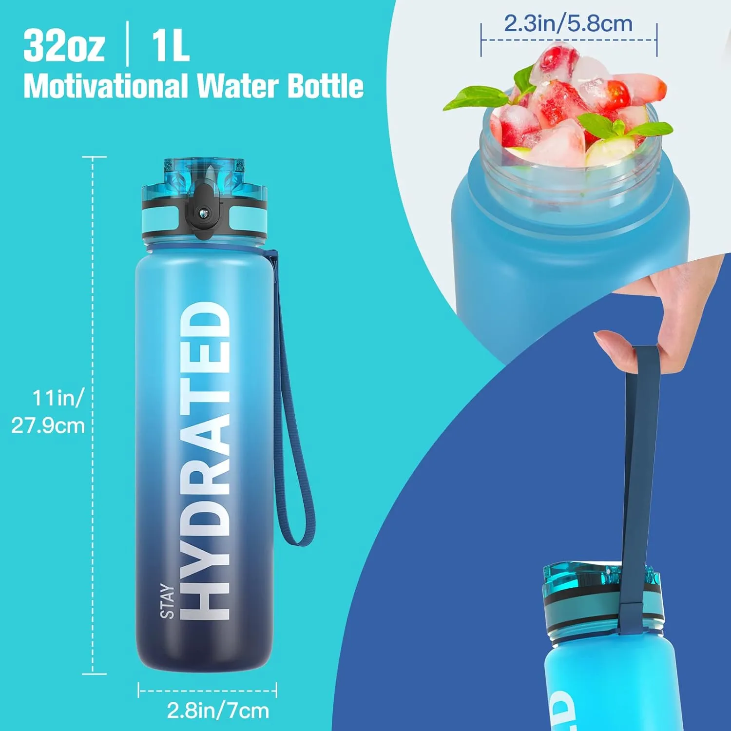 Sahara Sailor Water Bottle 32oz, Durable and Leakproof Water Bottles Motivational with Time Marker, Tritan, BPA Free, Wide Mouth with Easy Clean Brush for Gym, Travel, Home, School, Office (1 Bottle)