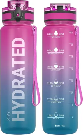 Sahara Sailor Water Bottle 32oz, Durable and Leakproof Water Bottles Motivational with Time Marker, Tritan, BPA Free, Wide Mouth with Easy Clean Brush for Gym, Travel, Home, School, Office (1 Bottle)