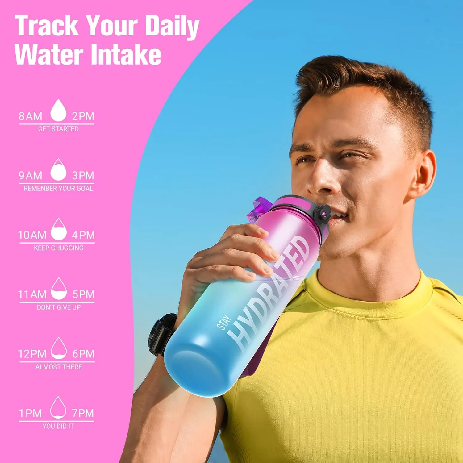 Sahara Sailor Water Bottle 32oz, Durable and Leakproof Water Bottles Motivational with Time Marker, Tritan, BPA Free, Wide Mouth with Easy Clean Brush for Gym, Travel, Home, School, Office (1 Bottle)