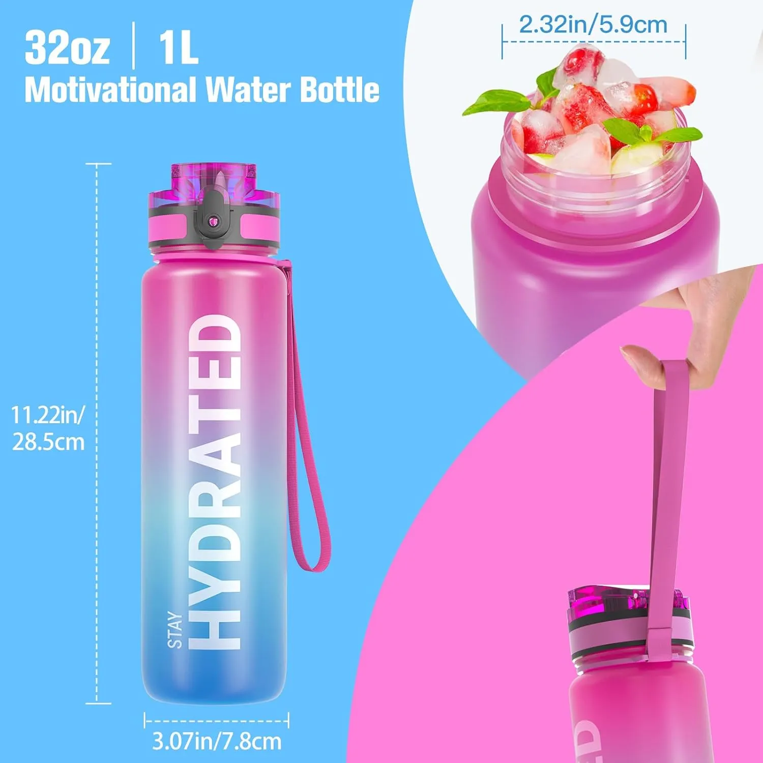 Sahara Sailor Water Bottle 32oz, Durable and Leakproof Water Bottles Motivational with Time Marker, Tritan, BPA Free, Wide Mouth with Easy Clean Brush for Gym, Travel, Home, School, Office (1 Bottle)