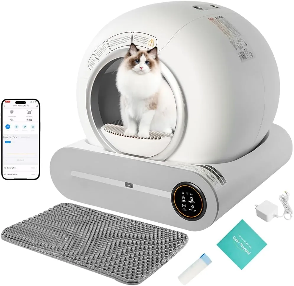 Self-Cleaning Cat Litter Box, Scoop Free Covered Automatic Cat Litter Box Self-Cleaning for Multiple Cats Ultra Cleaning -Odor Removal- APP Control, Large Capacity 65L with Garbage Bags