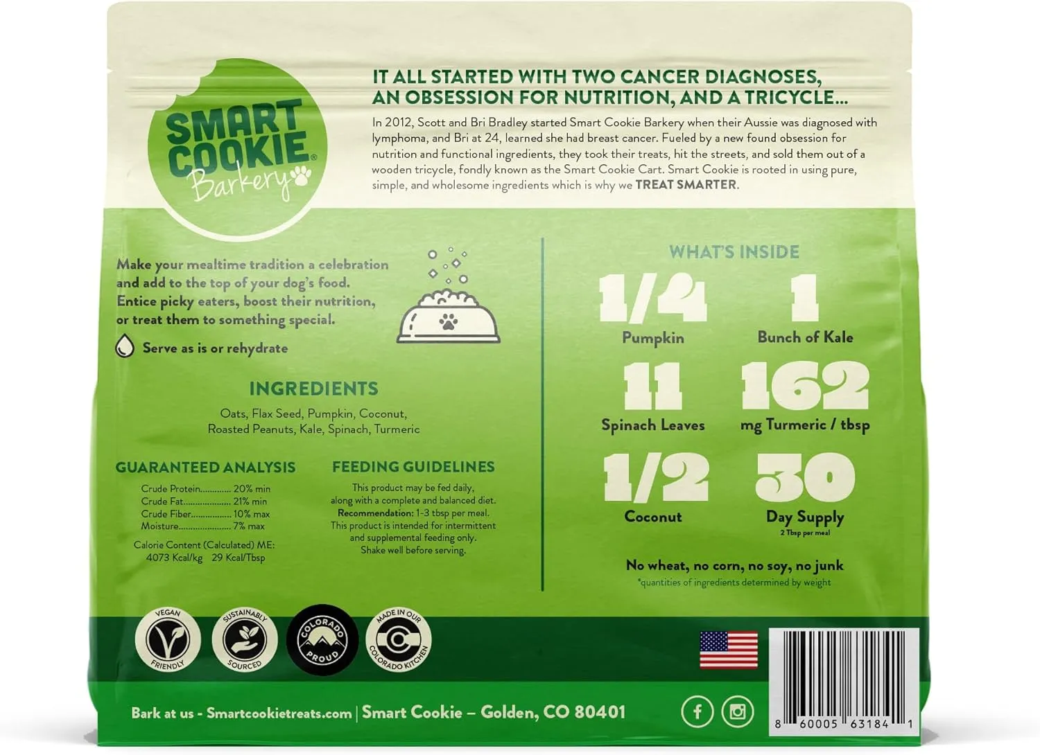 Smart Cookie Natural Dog Food Topper - Veggie - Dog Meal Mixer for All Ages - Vegan Food Topper for Picky Eaters and Boosting Nutrition - Non GMO, Made in The USA - 15 oz Bag (30 Day Supply)
