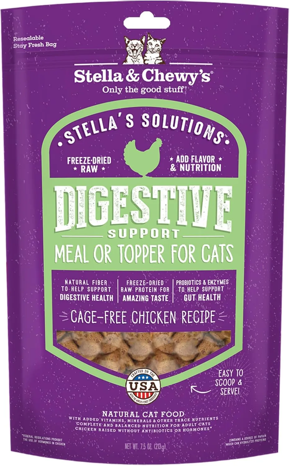 Stella & Chewy's  Stellas Solutions Digestive Boost  Cage-Free Chicken Dinner Mixer  Freeze-Dried Raw, Protein Rich, Grain Free Cat Food  7.5 oz Bag