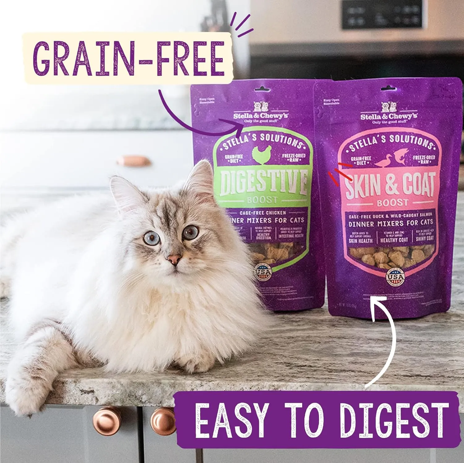 Stella & Chewy's  Stellas Solutions Digestive Boost  Cage-Free Chicken Dinner Mixer  Freeze-Dried Raw, Protein Rich, Grain Free Cat Food  7.5 oz Bag