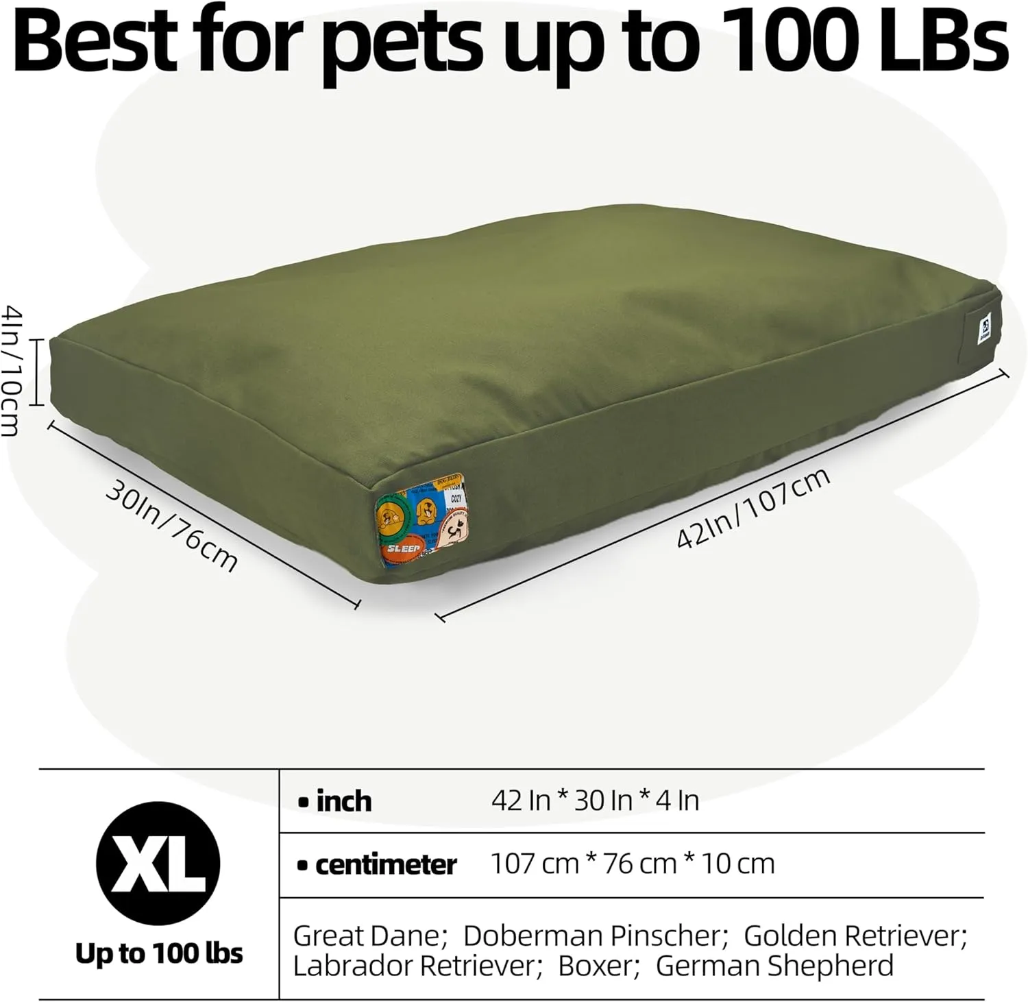 Sytopia 42 Inch Indestructible Canvas Dog Bed, Chew Proof Outdoor Pet Bed XL, Waterproof Washable Removable Cover, Green