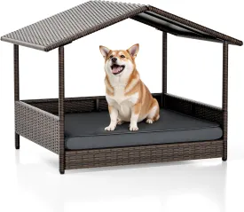 WARCAT Wicker Dog House, Indoor Outdoor Elevated Dog Bed for Small Medium Dogs, with Removable Cushion, Washable Cover, Weatherproof Roof