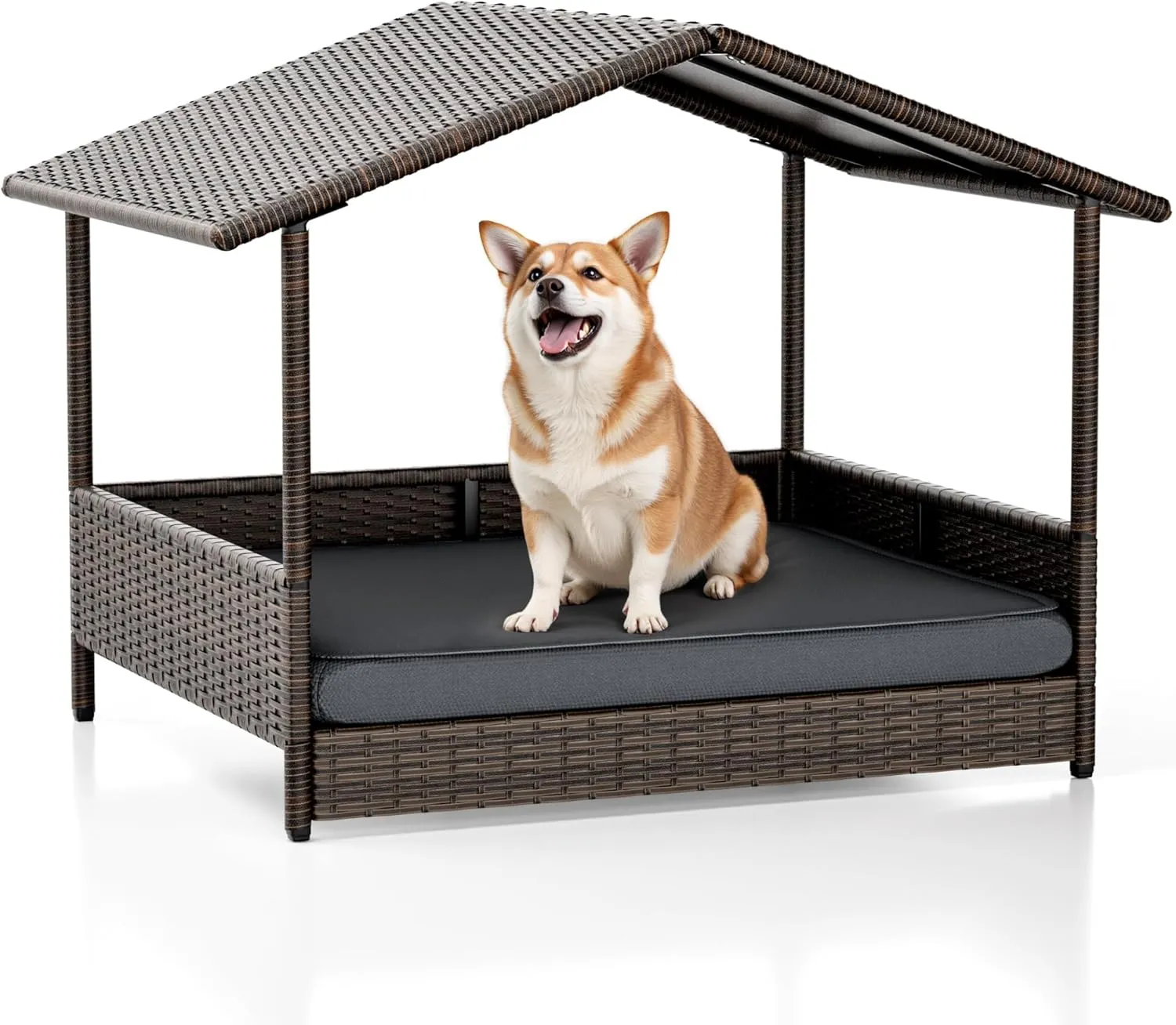 WARCAT Wicker Dog House, Indoor Outdoor Elevated Dog Bed for Small Medium Dogs, with Removable Cushion, Washable Cover, Weatherproof Roof