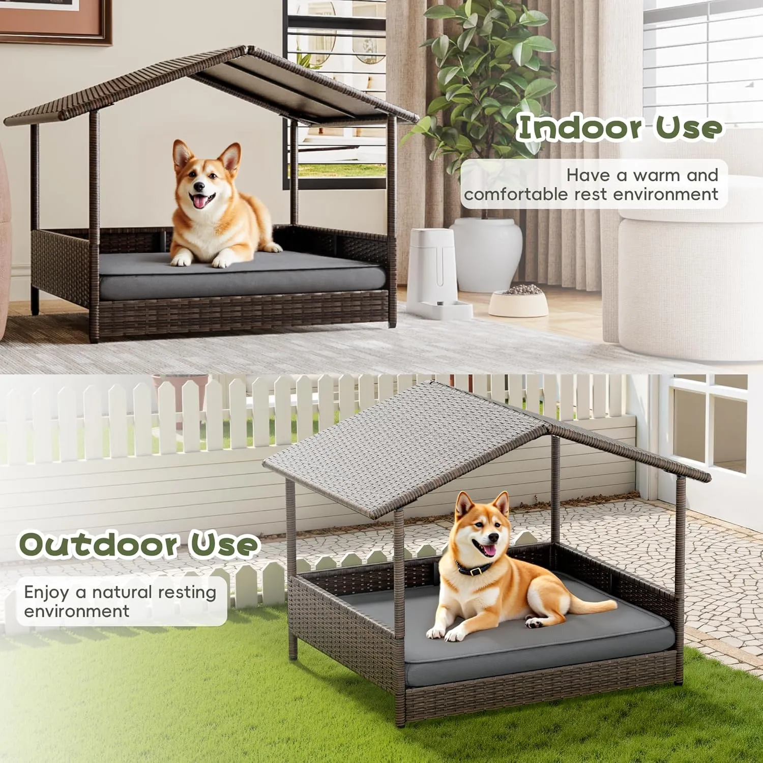 WARCAT Wicker Dog House, Indoor Outdoor Elevated Dog Bed for Small Medium Dogs, with Removable Cushion, Washable Cover, Weatherproof Roof