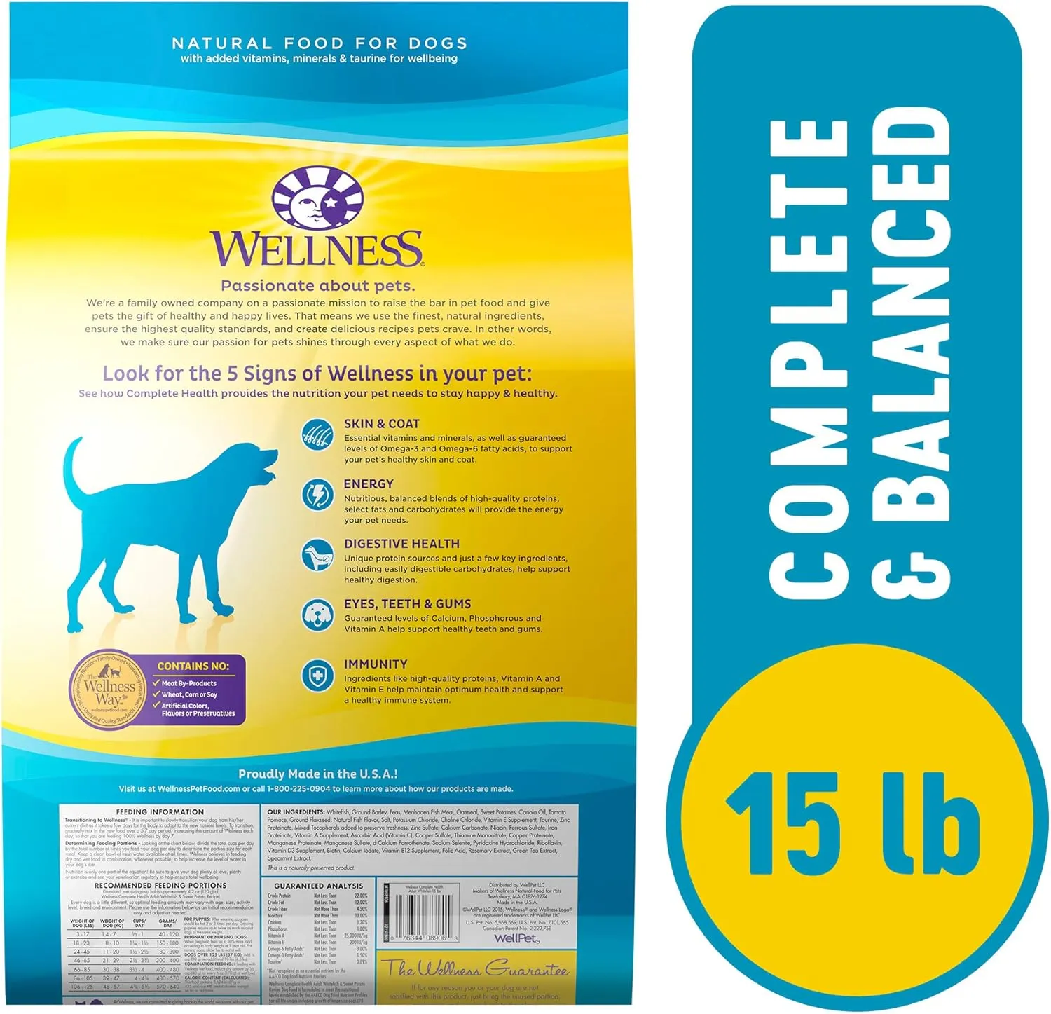 Wellness Complete Health Dry Dog Food, Wholesome Grains, Natural, Whitefish & Sweet Potato Recipe, (15-Pound Bag)