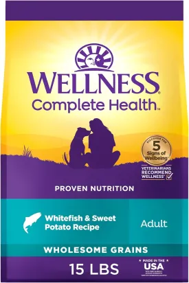 Wellness Complete Health Dry Dog Food, Wholesome Grains, Natural, Whitefish & Sweet Potato Recipe, (15-Pound Bag)