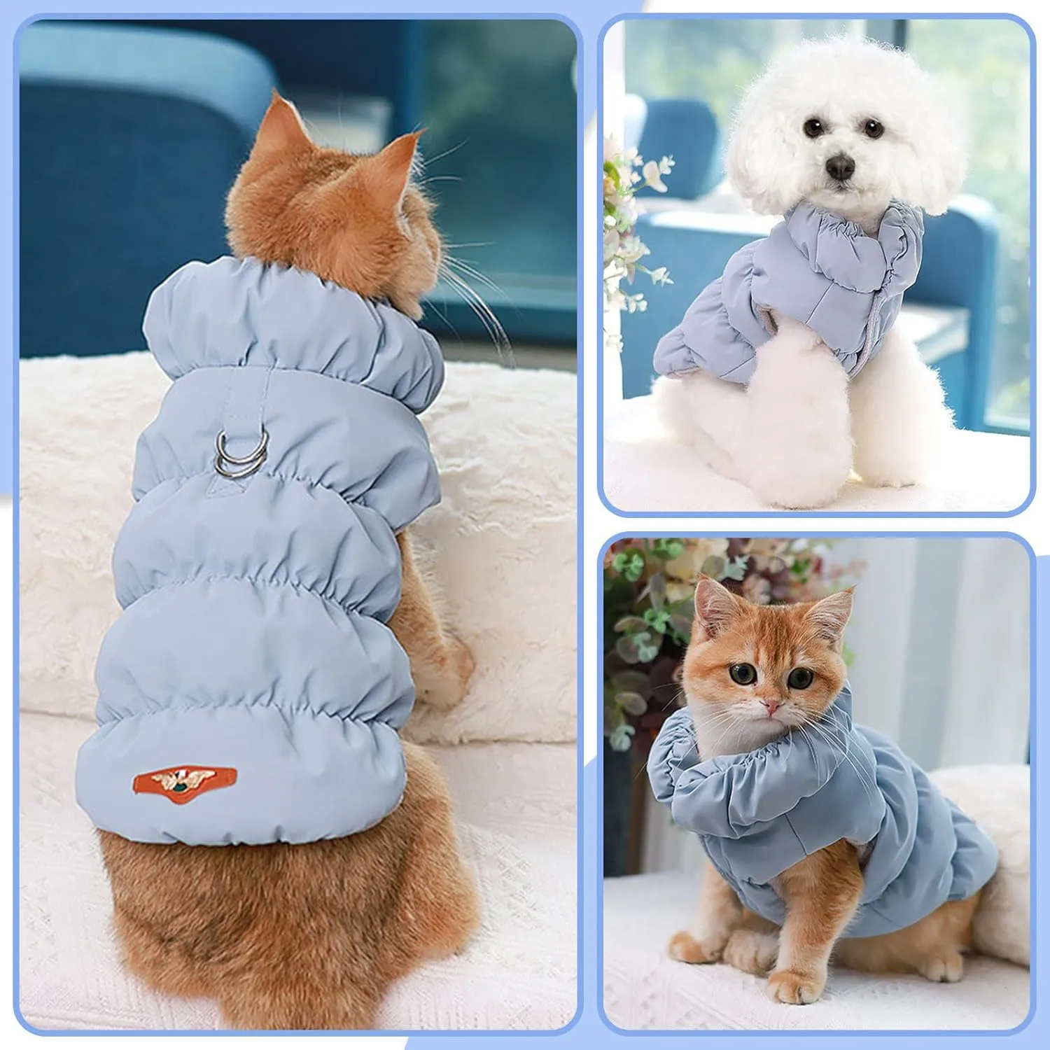 Winter Warm Dog Jacket for Small Medium Dogs Cats Cold Weather Coats with Harness Paded Dogs Fleece Vest Waterproof Windproof Dog Snow Jacket Pet Puppy Clothes (Light Blue,XL)