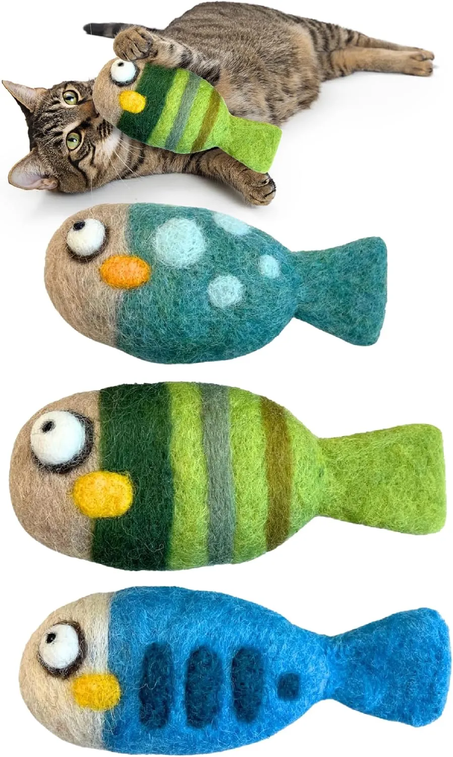 Woolbuddy Cat Toys 3-Pack  Indoor Cat Enrichment Fish Set, Soft Interactive Play, Gentle Chew Toy, No Catnip, Cute Stress Relief for Bored Kittens & Pets